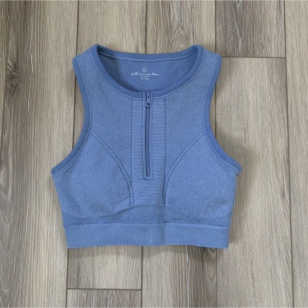 aerie Blue Zip-Front Seamless Sports Bra
